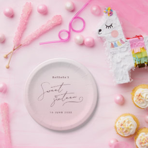 Elegant Blush Pink Ombre Script Sweet Sixteen Paper Plates