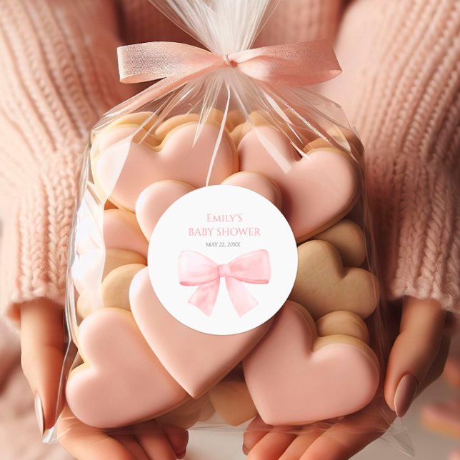 Elegant Blush Pink Pastel Bow Girl Baby Shower Classic Round Sticker (Creator Uploaded)