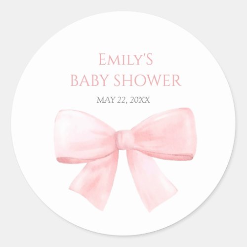 Elegant Blush Pink Pastel Bow Girl Baby Shower Classic Round Sticker