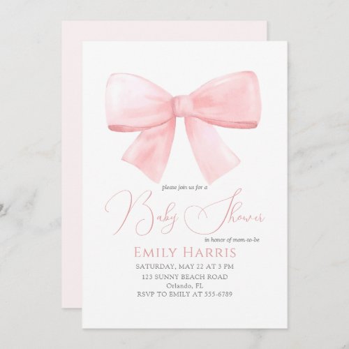Elegant Blush Pink Pastel Bow Girl Baby Shower Invitation