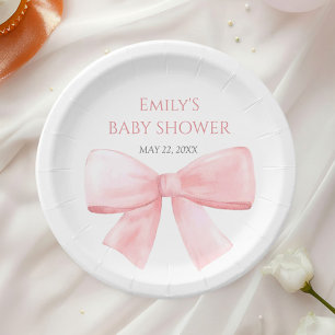 Elegant Blush Pink Pastel Bow Girl Baby Shower Paper Plates