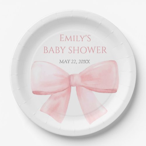 Elegant Blush Pink Pastel Bow Girl Baby Shower Paper Plates