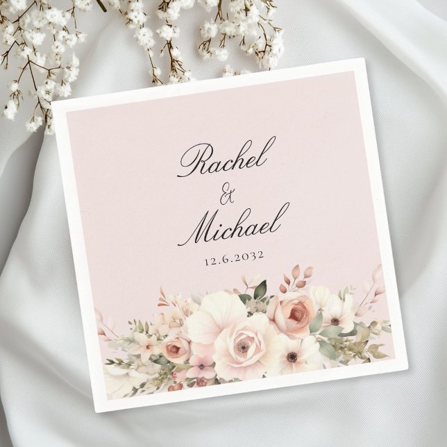 Elegant, blush-pink, pastel, flower bouquet napkins (Personalized, elegant, white, pastel, flower bouquet napkins)
