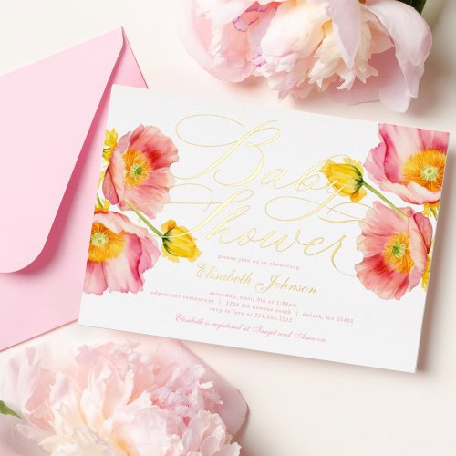 Elegant Blush Pink Peach Floral Baby Shower  Foil Invitation