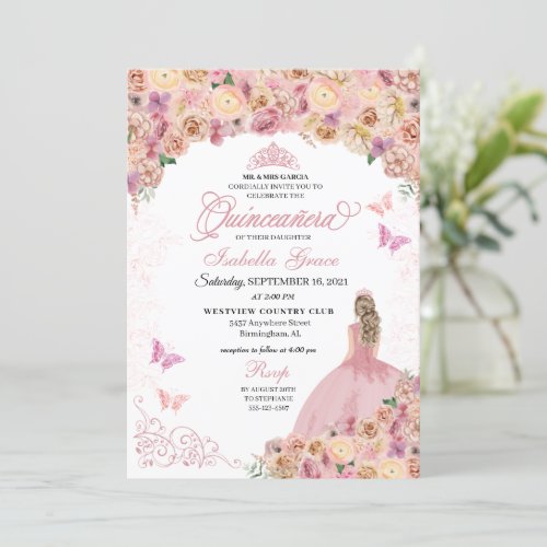 Elegant Blush Pink Peach Floral Quinceanera Invitation