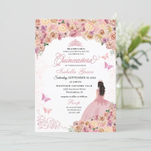 Elegant Blush Pink Peach Floral Quinceanera Invitation