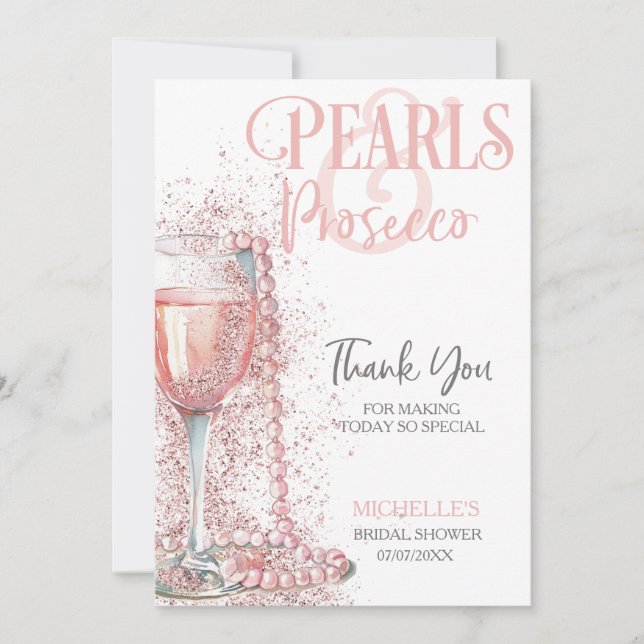 Elegant Blush Pink Pearls and Prosecco Thank You Invitation (Front)