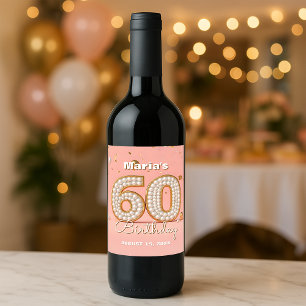 Elegant Blush Pink Pearly Gold 60th Birthday Wine Label