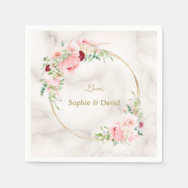 Elegant Blush Pink Peonies Bloom Gold Wedding Napkins (Front)