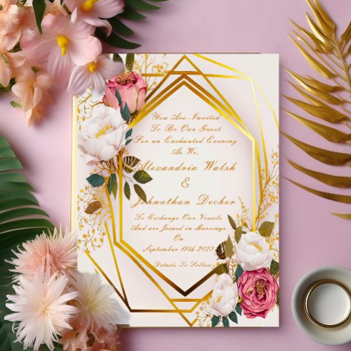 Elegant Blush Pink Peonies on Gold Frame Foil Invitation