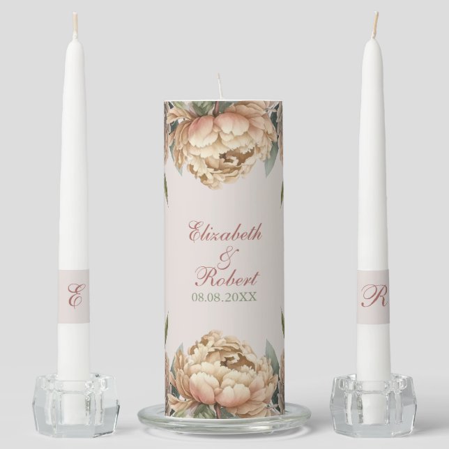 Elegant Blush Pink Peonies Wedding Unity Candle Set (Front)