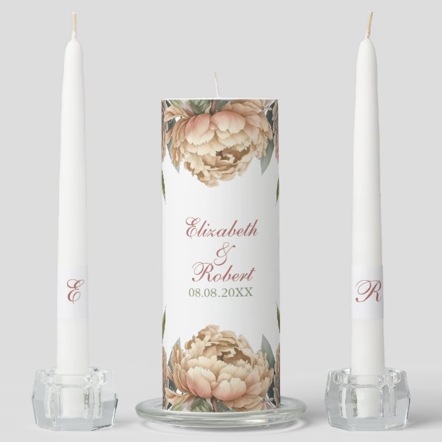 Elegant Blush Pink Peonies Wedding Unity Candle Set (Front)