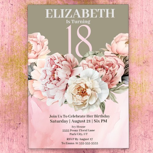 Elegant Blush Pink Peony 18th Birthday Invitation
