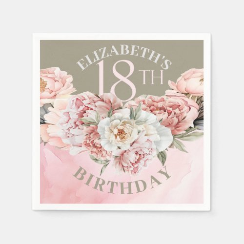Elegant Blush Pink Peony 18th Birthday Napkins