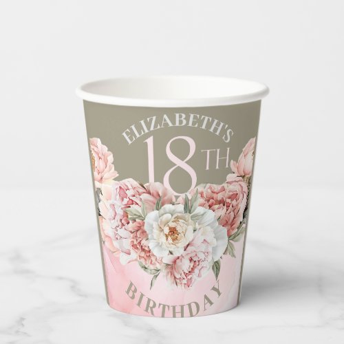 Elegant Blush Pink Peony 18th Birthday Paper Cups