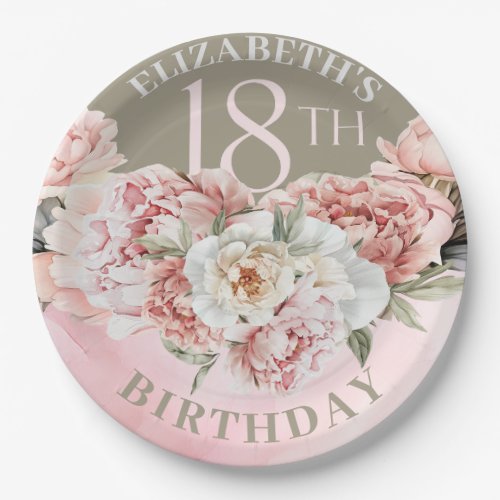 Elegant Blush Pink Peony 18th Birthday Paper Plates