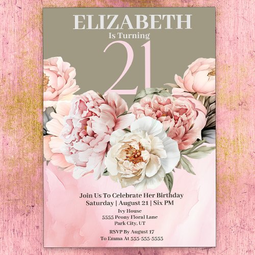Elegant Blush Pink Peony 21st Birthday Invitation