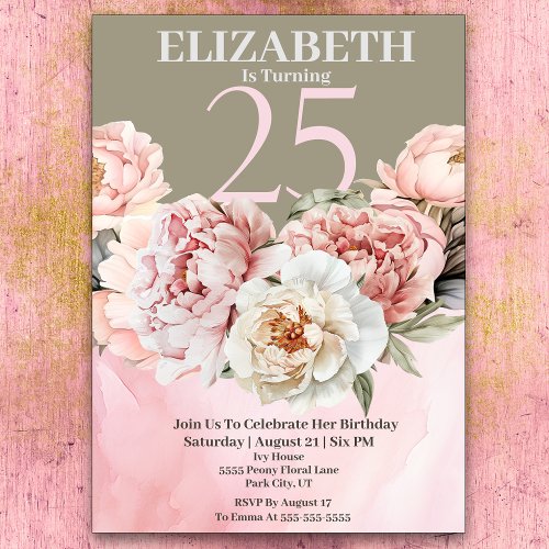 Elegant Blush Pink Peony 25th Birthday Invitation