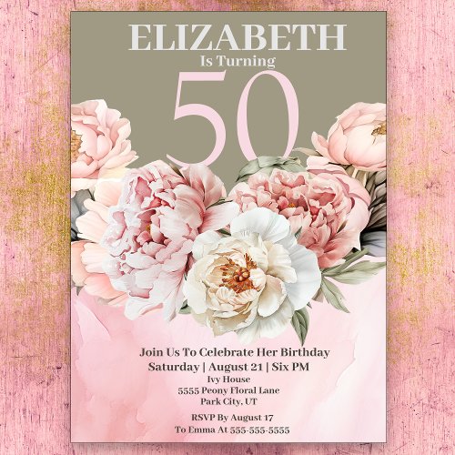 Elegant Blush Pink Peony 50th Birthday Invitation