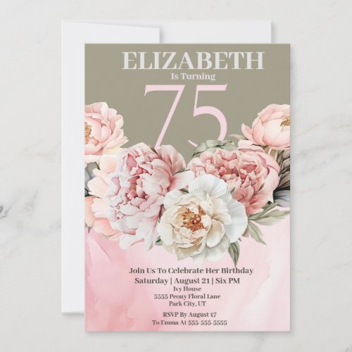 Elegant Blush Pink Peony 75th Birthday Invitation