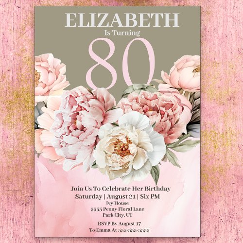 Elegant Blush Pink Peony 80th Birthday Invitation