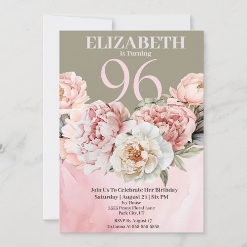 Elegant Blush Pink Peony 96th Birthday Invitation