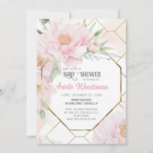 Elegant Blush Pink Peony Baby Shower Watercolor Invitation