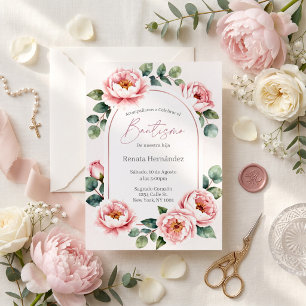 Elegant Blush Pink Peony Bautismo Invitation