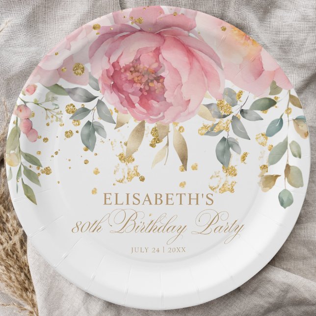 Elegant Blush Pink Peony Floral 80th Birthday  Paper Plates (Creator Uploaded)