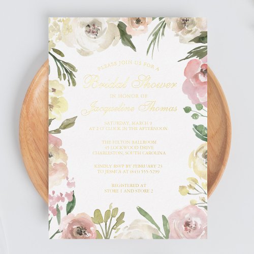 Elegant Blush Pink Peony Floral Bridal Shower Gold Foil Invitation