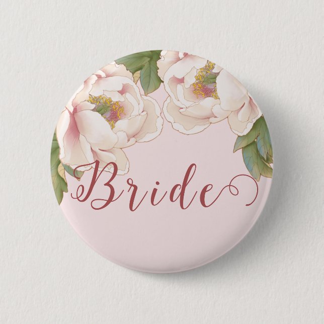 Elegant Blush Pink Peony Floral Bride Button (Front)