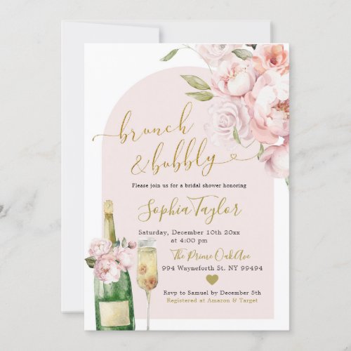 Elegant Blush Pink Peony Floral Brunch and Bubbly Invitation