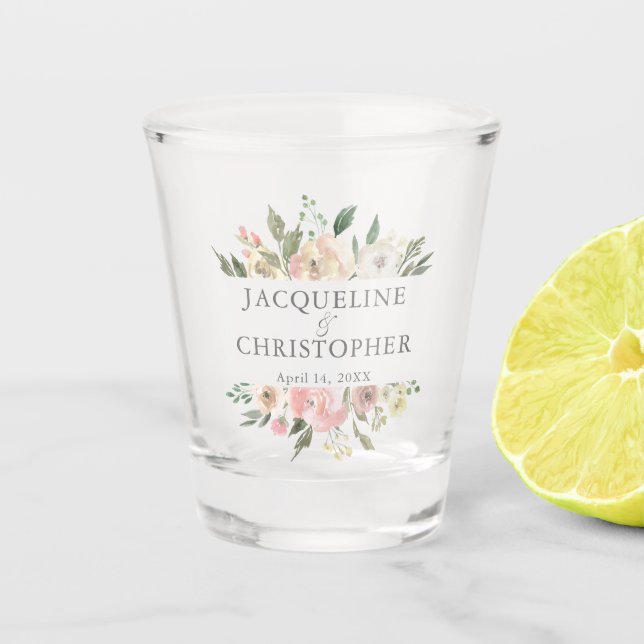 Elegant Blush Pink Peony Floral Custom Wedding Shot Glass (Front)