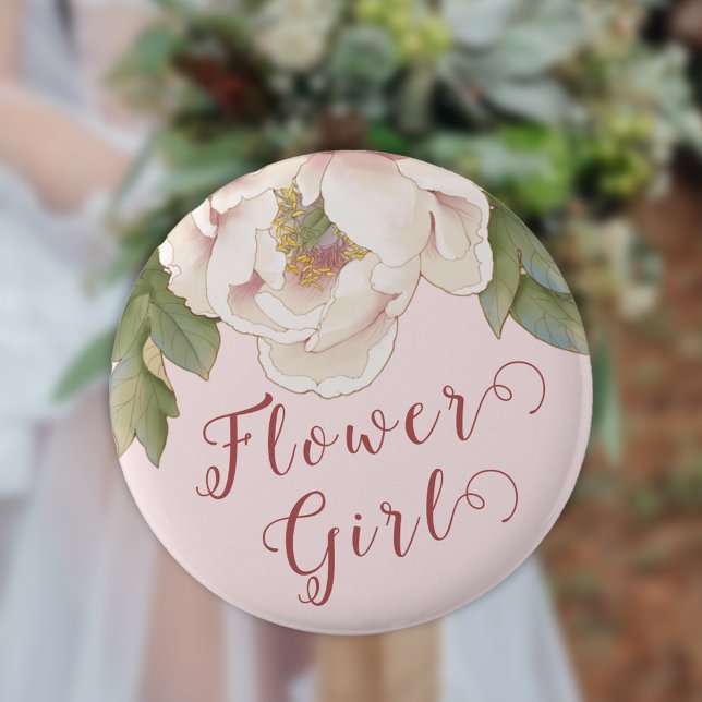 Elegant Blush Pink Peony Floral Flower Girl  Butto Button (Creator Uploaded)