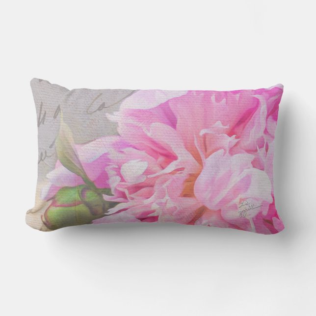Elegant Blush Pink Peony Floral French Script Lumbar Pillow (Front)