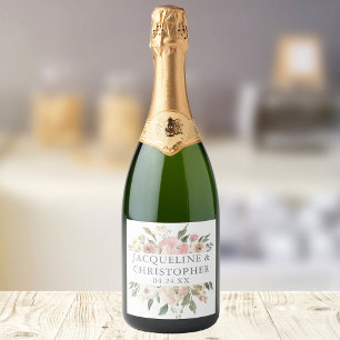 Elegant Blush Pink Peony Floral Garden Wedding Sparkling Wine Label