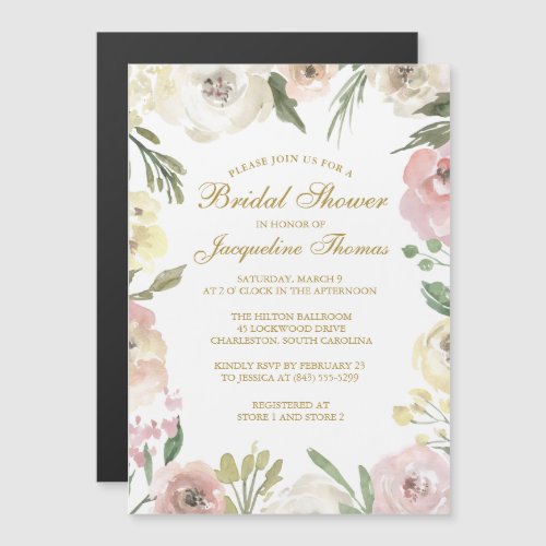 Elegant Blush Pink Peony Floral Gold Bridal Shower Magnetic Invitation