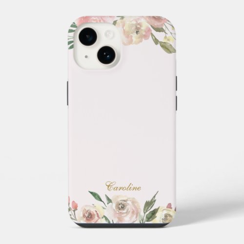 Elegant Blush Pink Peony Floral Gold Monogram iPhone 14 Case