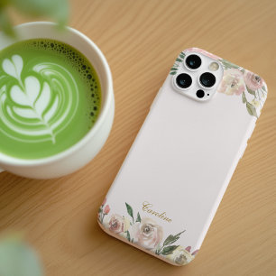 Elegant Blush Pink Peony Floral Gold Monogram iPhone 14 Case