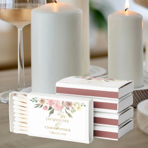 Elegant Blush Pink Peony Floral Gold Wedding Favor Matchboxes