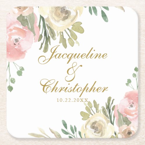 Elegant Blush Pink Peony Floral Gold Wedding Square Paper Coaster