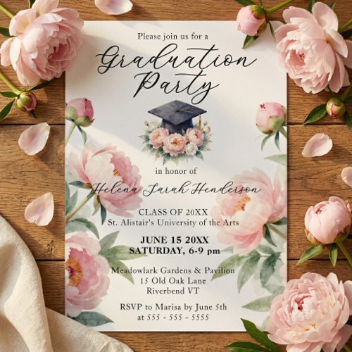 Elegant Blush Pink Peony Floral Graduation Party Invitation