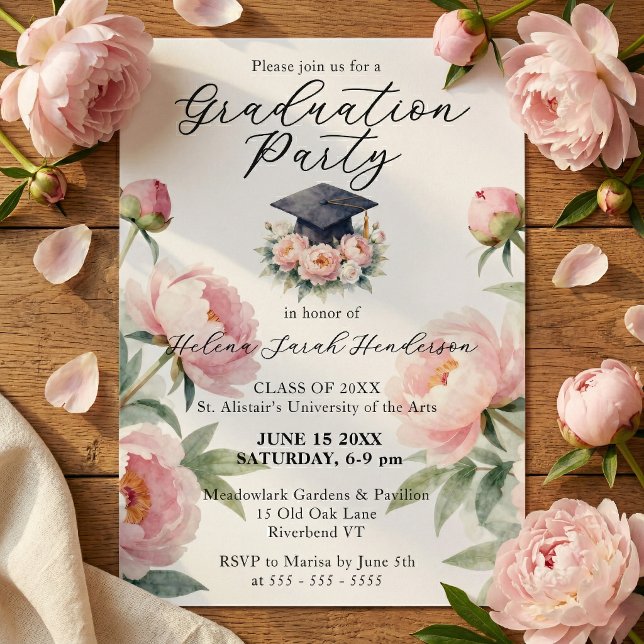 Elegant Blush Pink Peony Floral Graduation Party Invitation (Creator Uploaded)