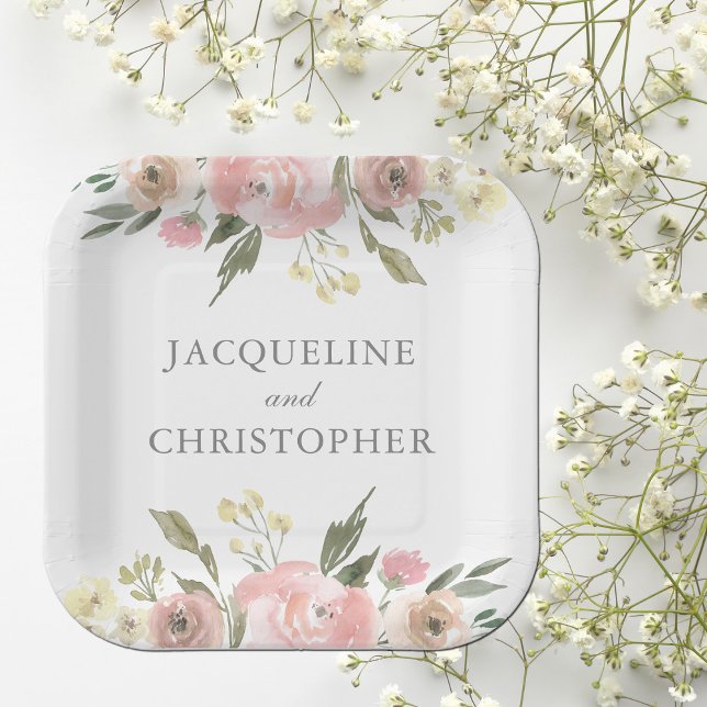 Elegant Blush Pink Peony Floral Spring Wedding Paper Plates (Creator Uploaded)