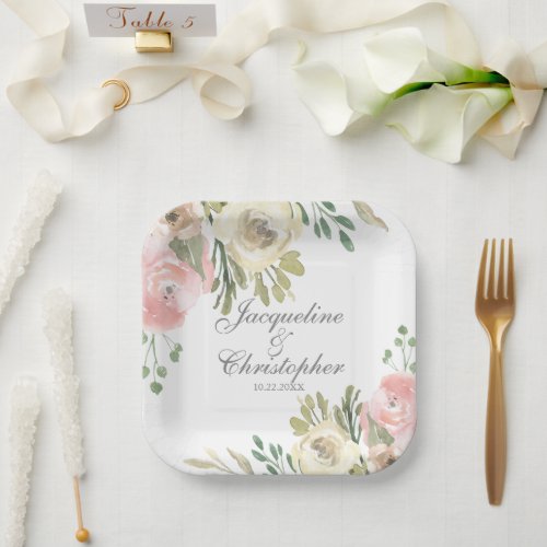 Elegant Blush Pink Peony Floral Spring Wedding Paper Plates