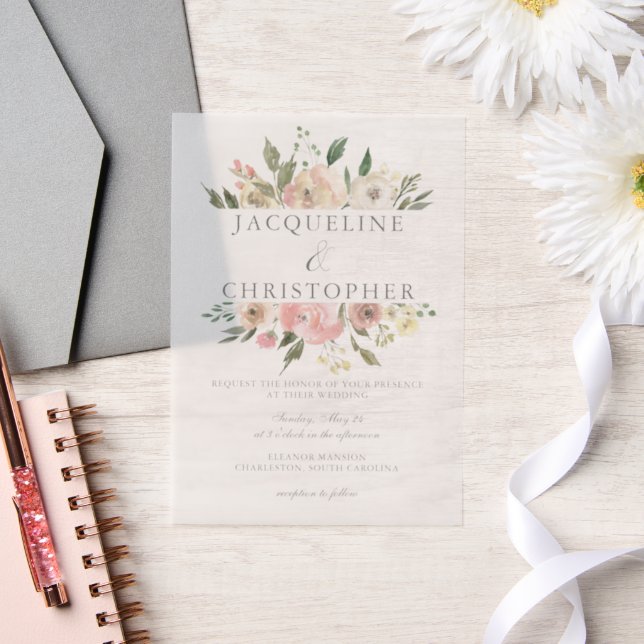 Elegant Blush Pink Peony Floral Spring Wedding Vellum Invitations (Wedding)