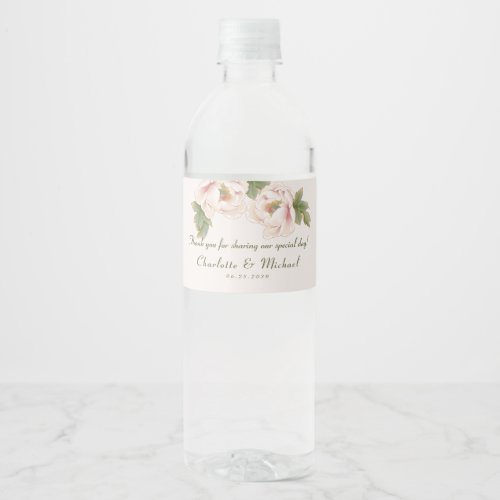 Elegant Blush Pink Peony Floral Wedding   Water Bottle Label
