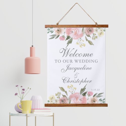 Elegant Blush Pink Peony Floral Wedding Welcome Hanging Tapestry
