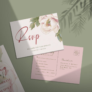 Elegant Blush Pink Peony Flower RSVP  Postcard