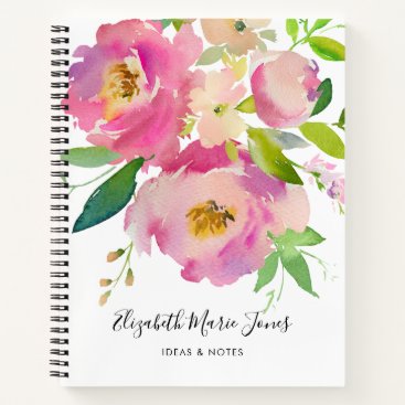 Elegant Blush Pink Peony Pastel Floral Watercolor Notebook